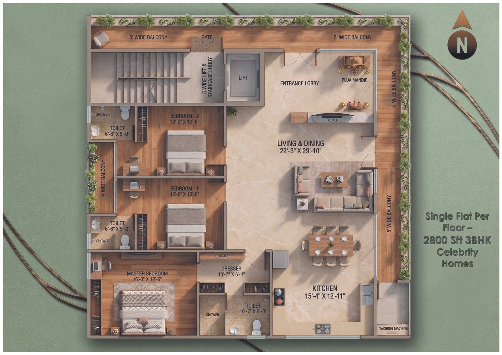 2,800 SFT Floor Plan & Balconies
